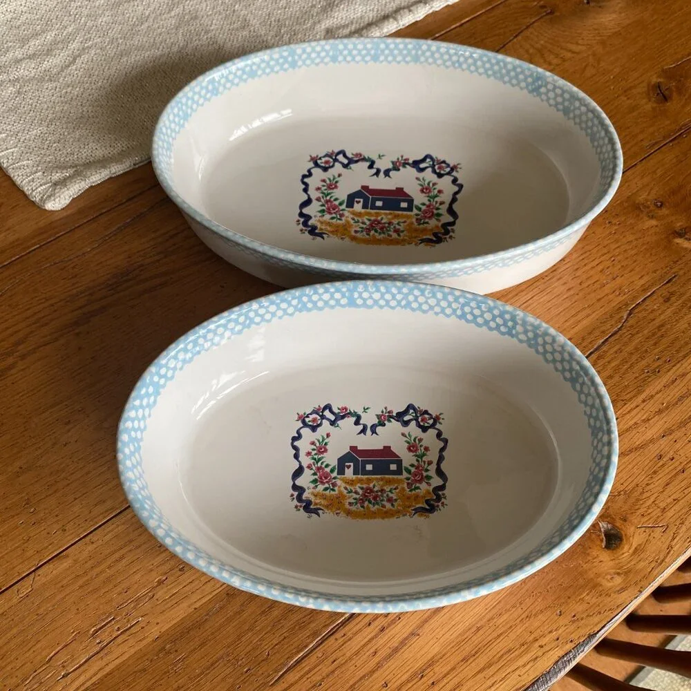 2 Teamson 1995 pottery vintage light blue and white stoneware casserole dishes